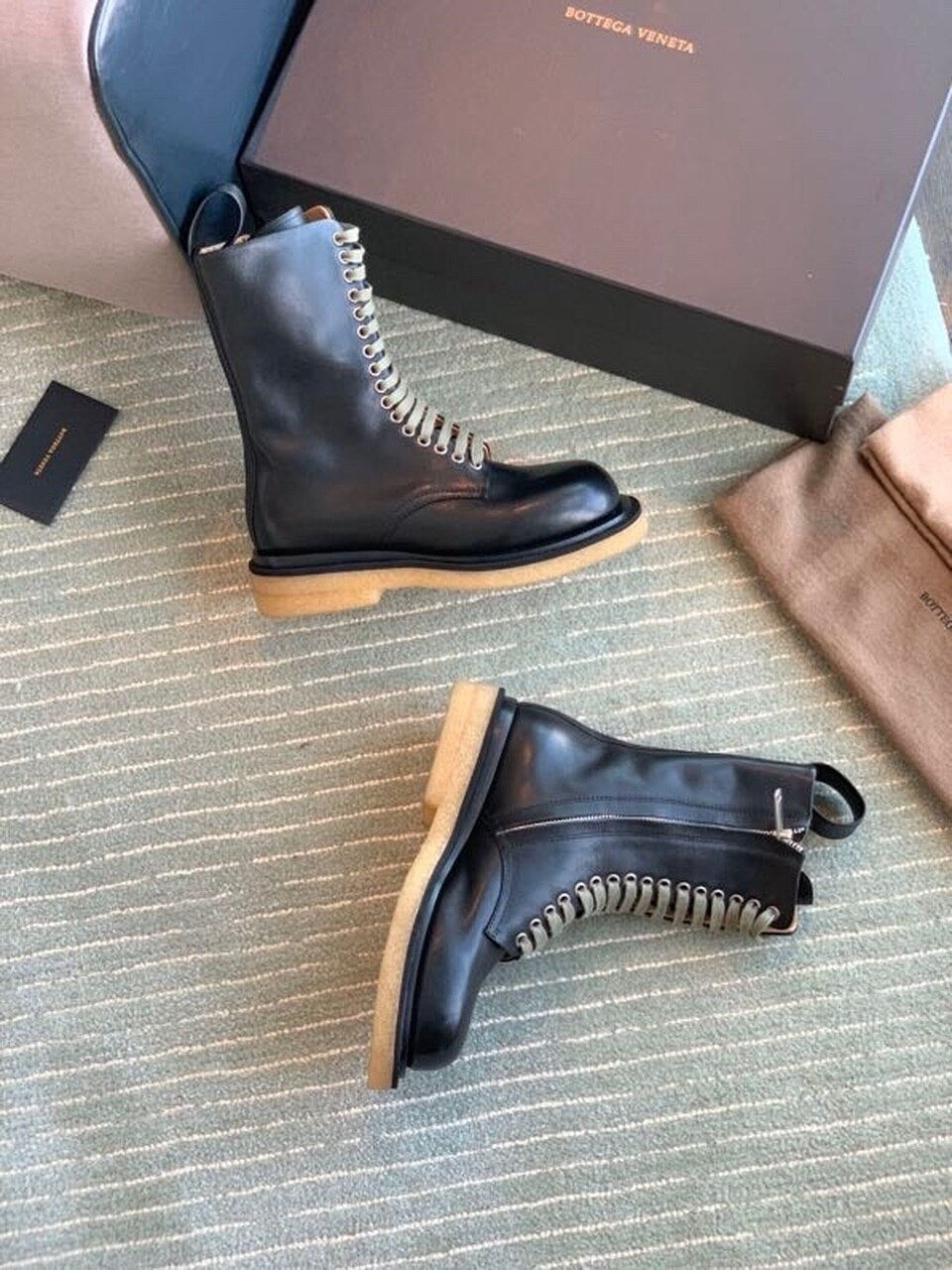 Bottega Veneta Lace Up Mid Calf Boots Calfskin Leather Fall/Winter 2020 Collection, Black