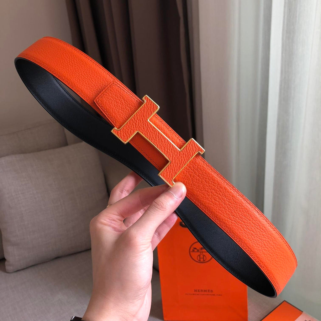 Hermes H Guillochee Belt Buckle & Reversible Leather Strap Orange