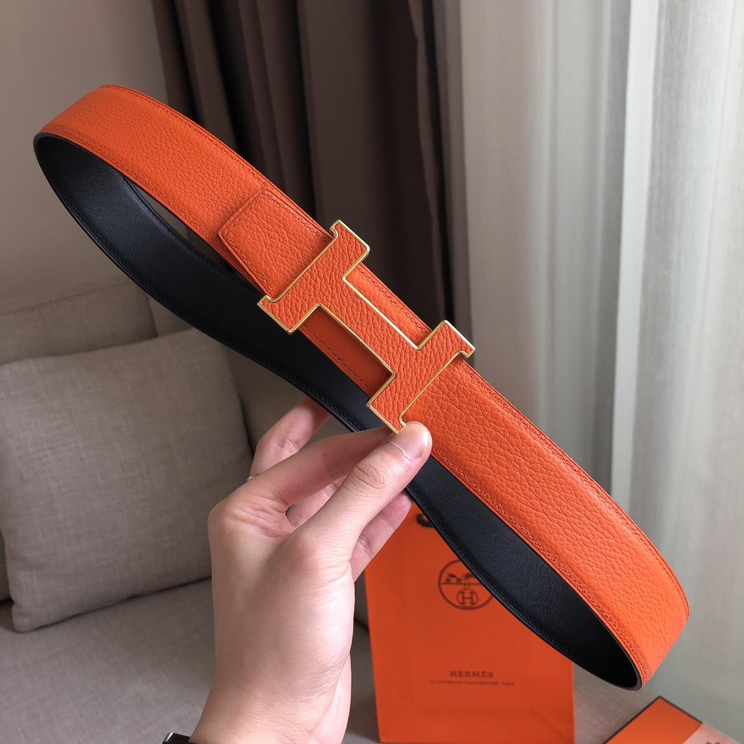Hermes H Guillochee Belt Buckle & Reversible Leather Strap Orange