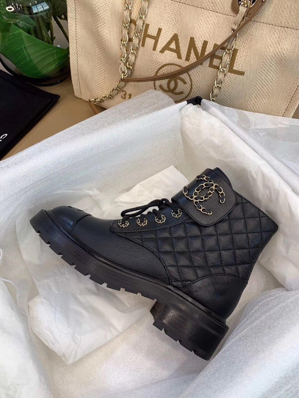 Chanel Quilted CC Lace Up Boots Lambskin Leather Spring/Summer Collection, Black