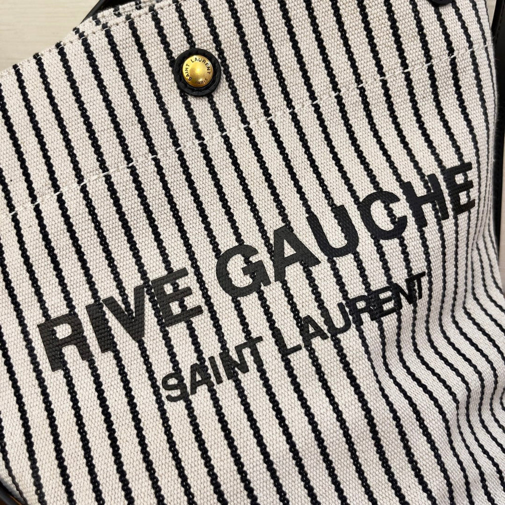Saint Laurent Rive Gauche Bucket Bag In Striped Canvas For Women 30cm Black And White YSL 669299FAAE59583