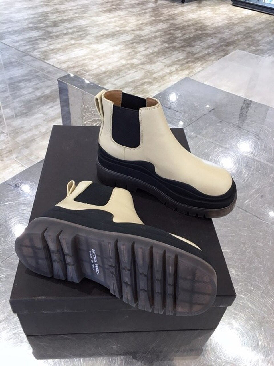 Bottega Veneta Flat Triple-Sole Leather Booties Calfskin Leather Fall/Winter 2020 Collection, Ivory/Black