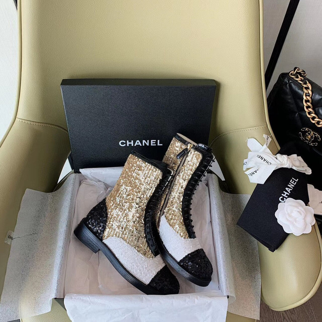 Chanel Sequin/Tweed Lace Up Combat Boots Calfskin Leather Spring/Summer Collection White/Black/Gold