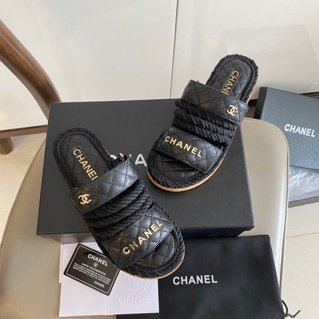 Chanel Velcro Rope Strappy Mules Calfskin Leather Spring/Summer Collection Black