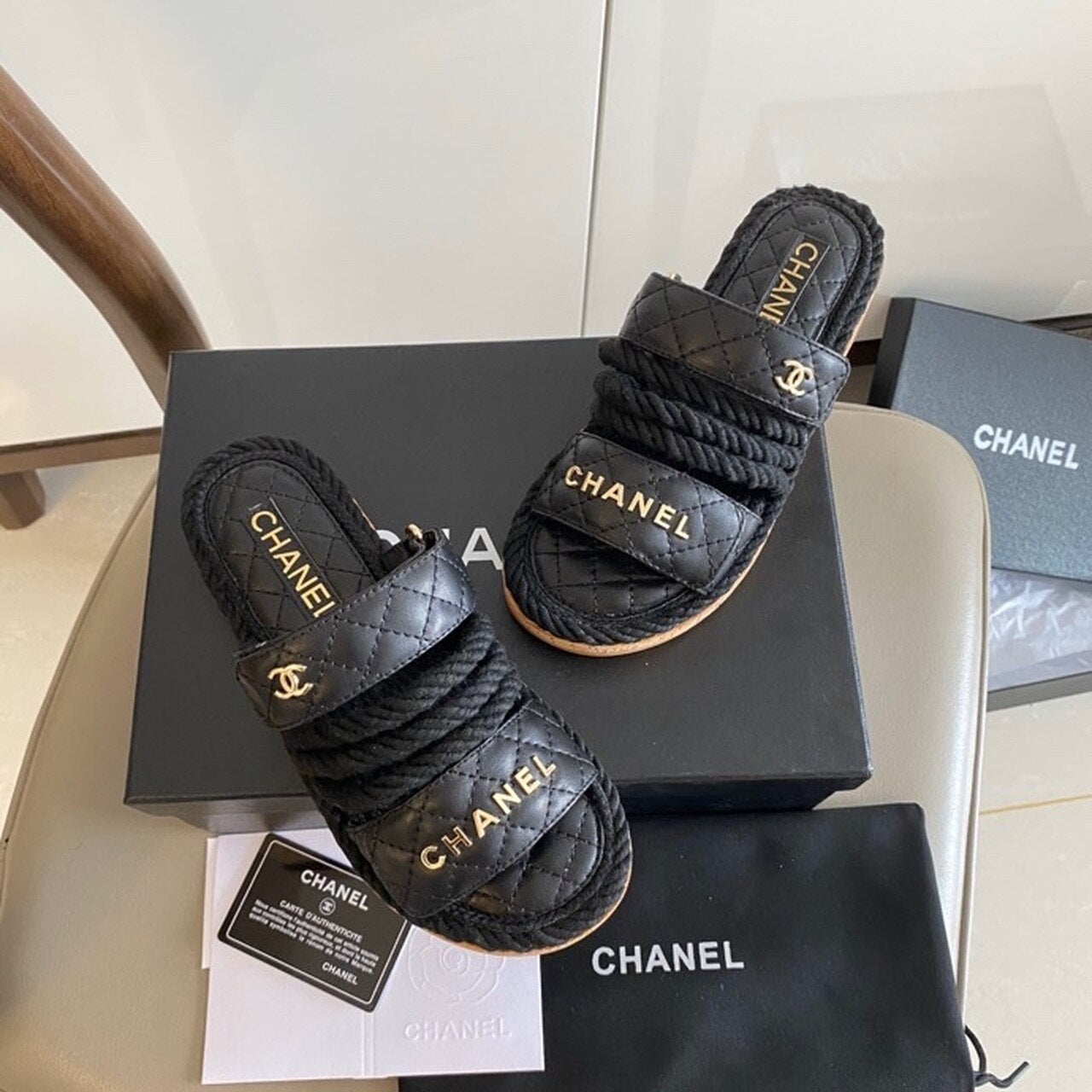 Chanel Velcro Rope Strappy Mules Calfskin Leather Spring/Summer Collection Black