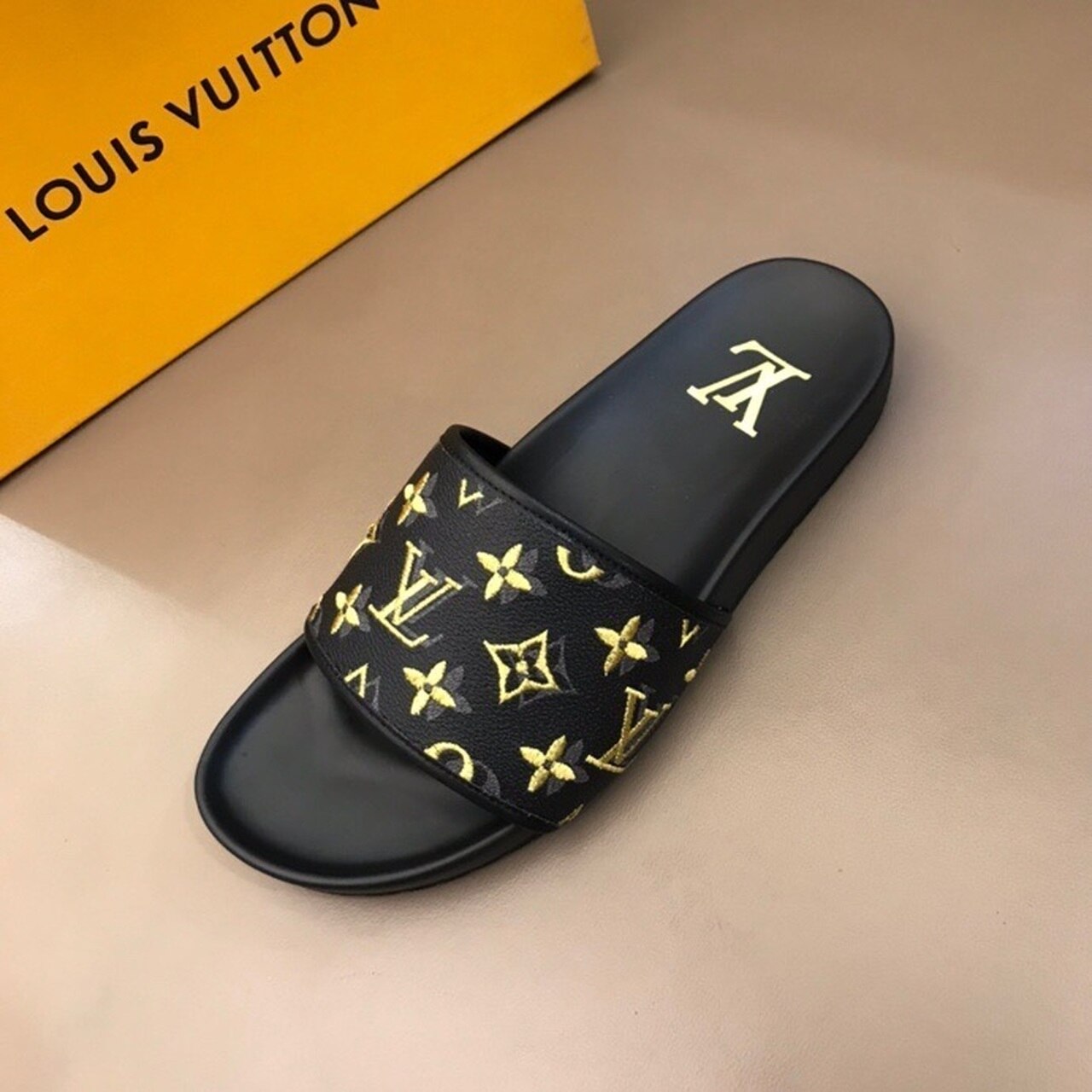 Louis Vuitton Mens Sandals Monogram Canvas Spring/Summer Collection Black/Yellow