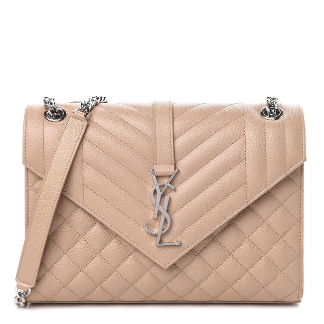 Saint Laurent Monogram Envelope Grain De Poudre Textured Mixed Matelasse Medium Triquilt Beige Leather Shoulder Bag