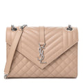 Saint Laurent Monogram Envelope Grain De Poudre Textured Mixed Matelasse Medium Triquilt Beige Leather Shoulder Bag