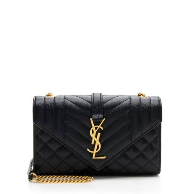Saint Laurent Monogram Envelope Grain De Poudre Textured Mixed Matelasse Triquilt Small Black Leather Shoulder Bag
