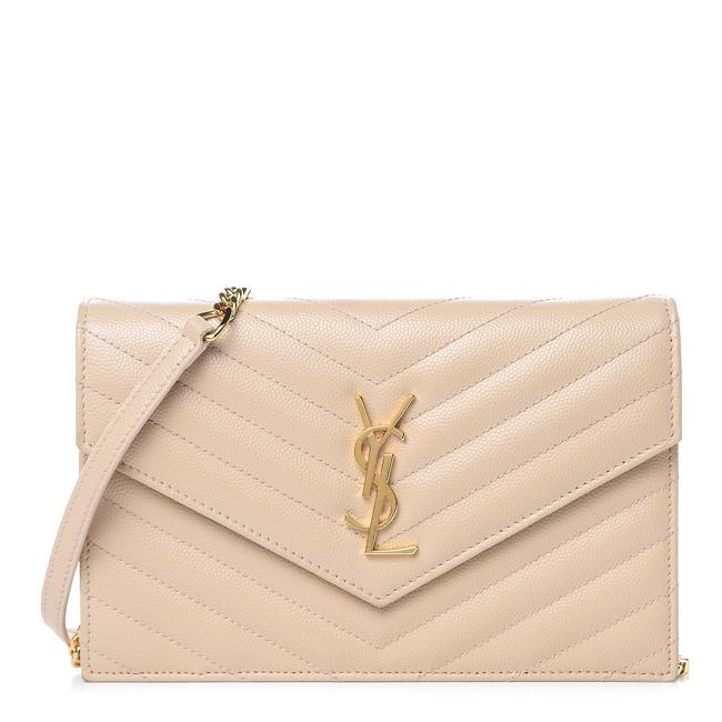 Saint Laurent Monogram Envelope Chain Wallet Grain De Poudre Matelasse Chevron Nude Beige Leather Shoulder Bag