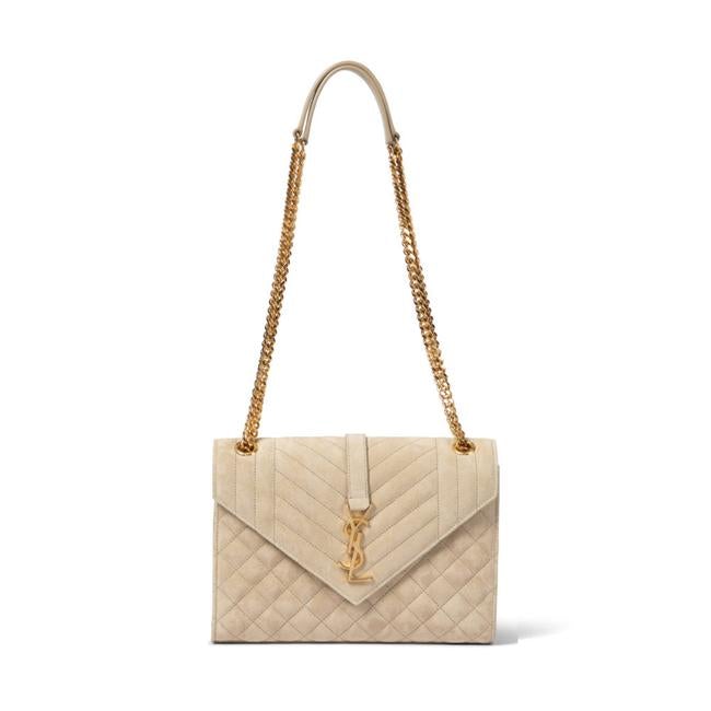 Saint Laurent Monogram Envelope Medium Beige Suede Leather Shoulder Bag