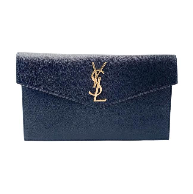 Saint Laurent Envelope Uptown Monogram Plaque Grained-leather Black Leather Clutch