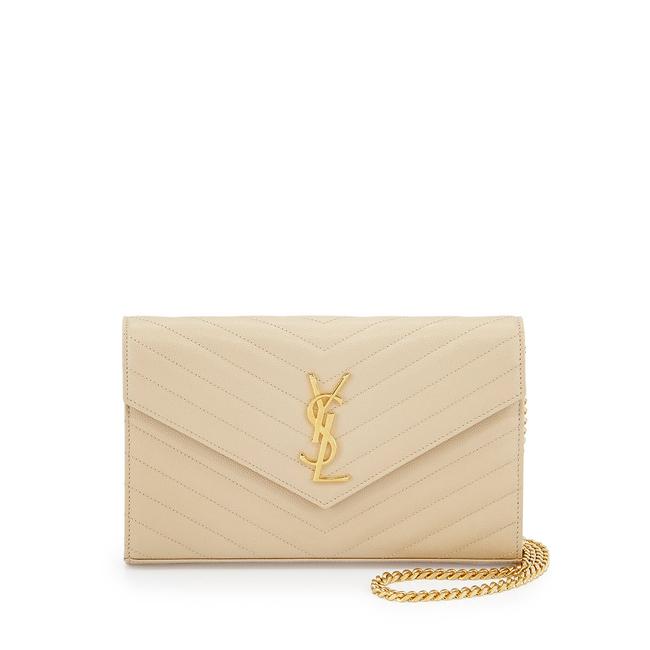Saint Laurent Chain Wallet Grain De Poudre Matelasse Monogram Beige Leather Shoulder Bag