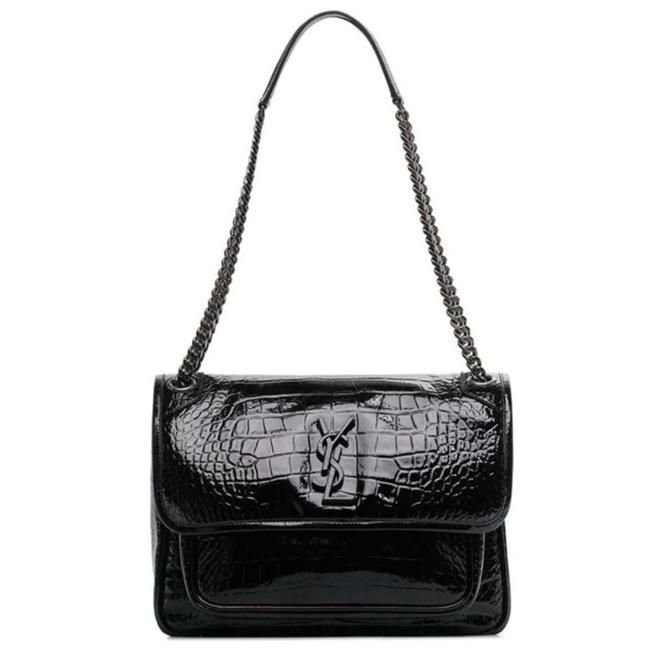 Saint Laurent Niki Medium Crocodile-embossed Black Patent Leather Shoulder Bag