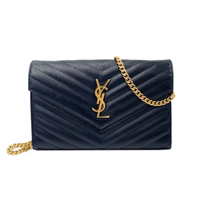 Saint Laurent Chain Wallet Grain De Poudre Matelasse Chevron Monogram Black Leather Shoulder Bag