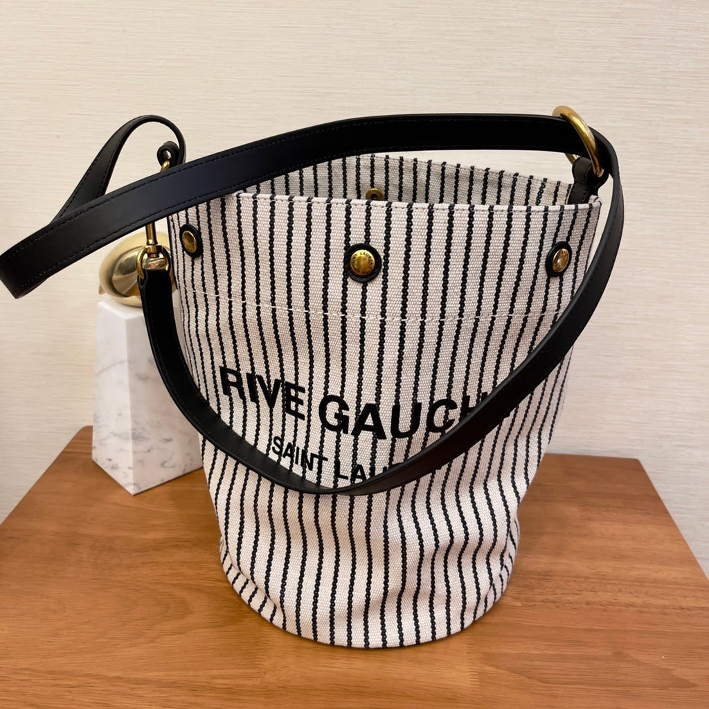 Saint Laurent Rive Gauche Bucket Bag In Striped Canvas For Women 30cm Black And White YSL 669299FAAE59583