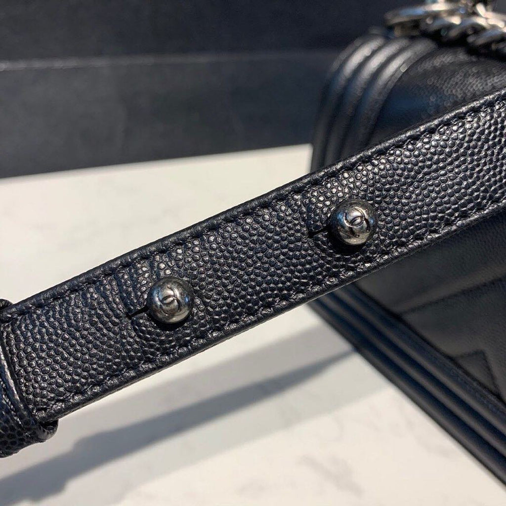Chanel Chevron Boy Bag 20cm Caviar Leather Antique Silver Hardware Fall/Winter Act 1 Collection, Black