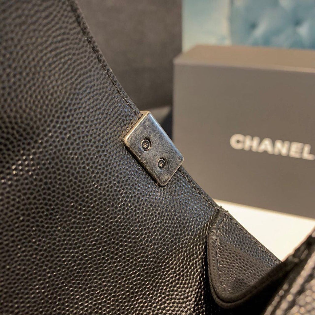 Chanel Chevron Boy Bag 20cm Caviar Leather Antique Silver Hardware Fall/Winter Act 1 Collection, Black