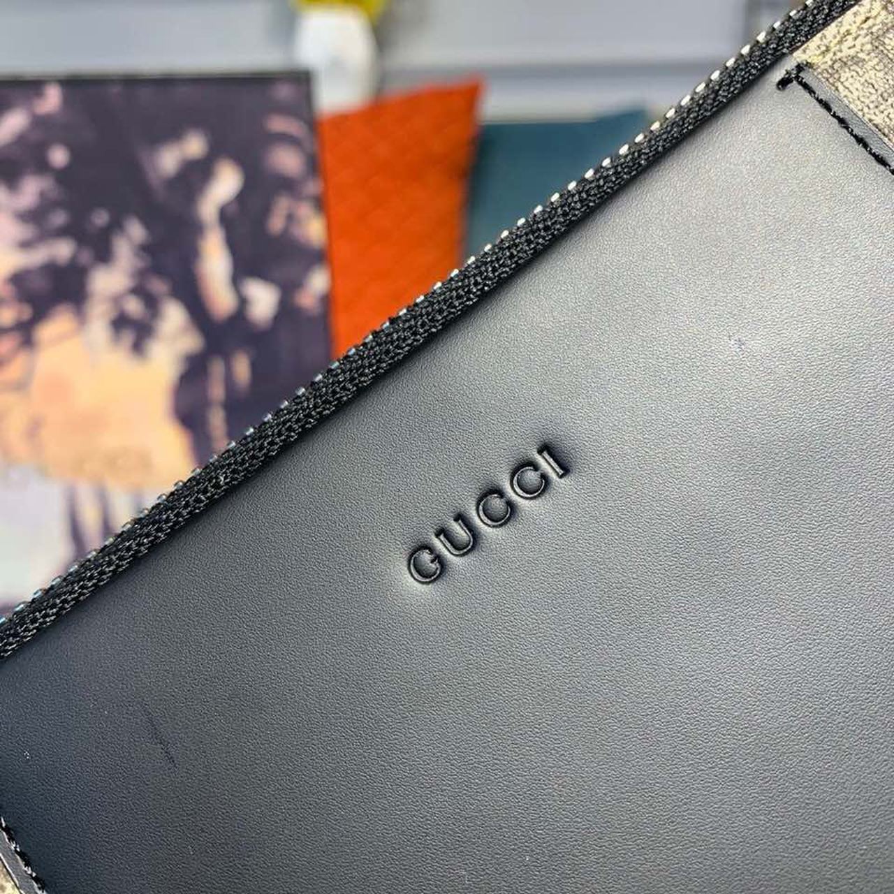 Gucci Guccissima Motif Zip Pouch 30cm Leather Trim Canvas Fall/Winter Collection, Brown/Black