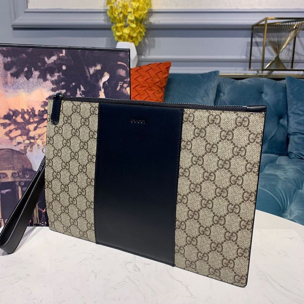 Gucci Guccissima Motif Zip Pouch 30cm Leather Trim Canvas Fall/Winter Collection, Brown/Black