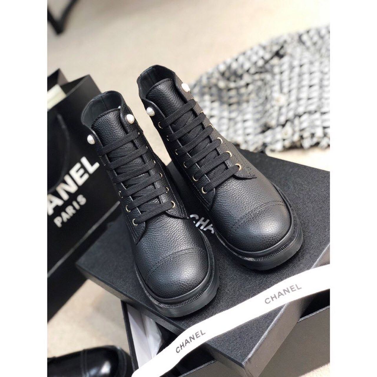Chanel Pearl Embellished Ankle Boots Calfskin Leather Fall/Winter Collection Black