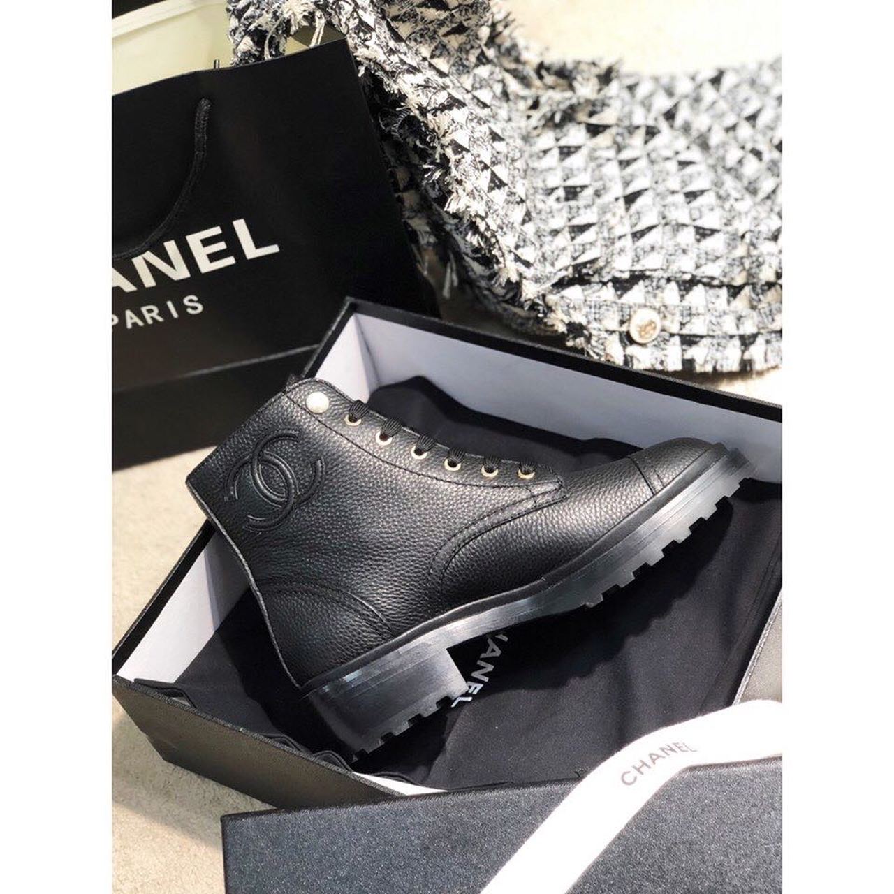 Chanel Pearl Embellished Ankle Boots Calfskin Leather Fall/Winter Collection Black
