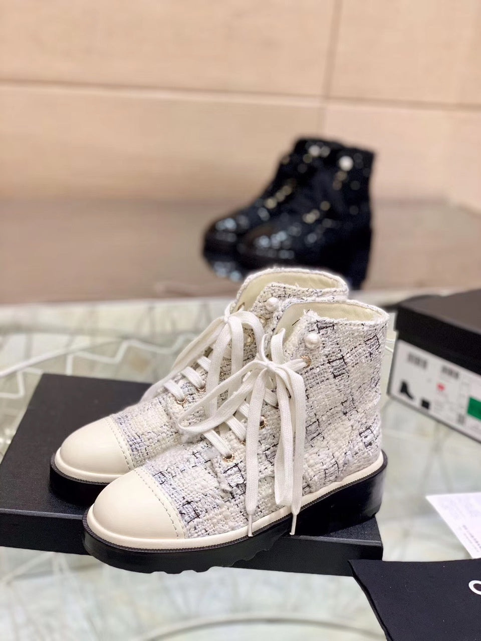 Chanel Pearl Embellished Tweed Ankle Boots Calfskin Leather Fall/Winter Collection White/Black