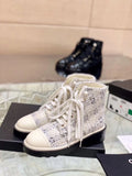 Chanel Pearl Embellished Tweed Ankle Boots Calfskin Leather Fall/Winter Collection White/Black