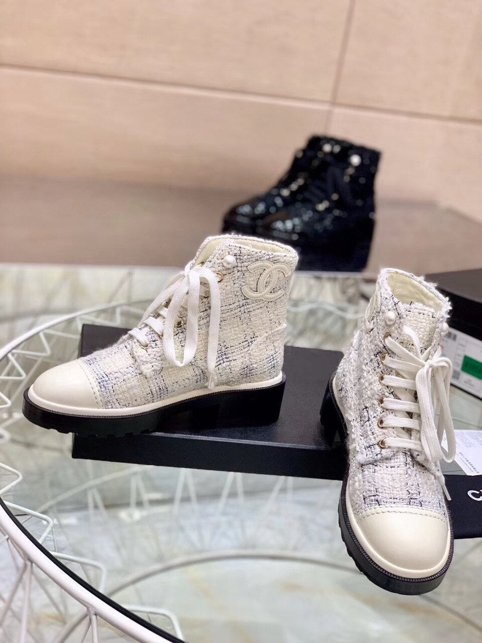 Chanel Pearl Embellished Tweed Ankle Boots Calfskin Leather Fall/Winter Collection White/Black