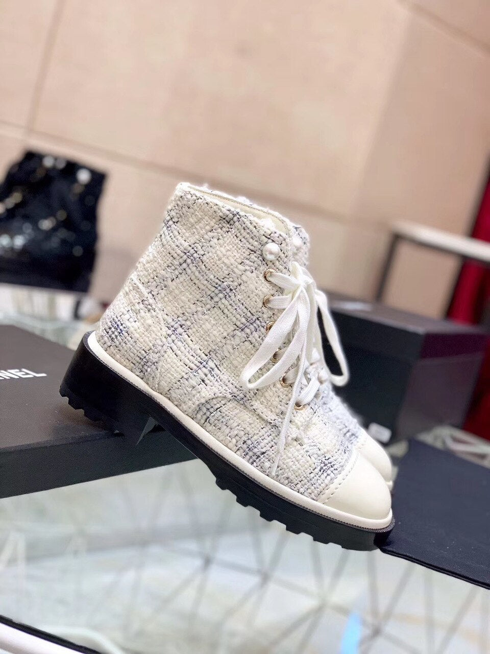 Chanel Pearl Embellished Tweed Ankle Boots Calfskin Leather Fall/Winter Collection White/Black