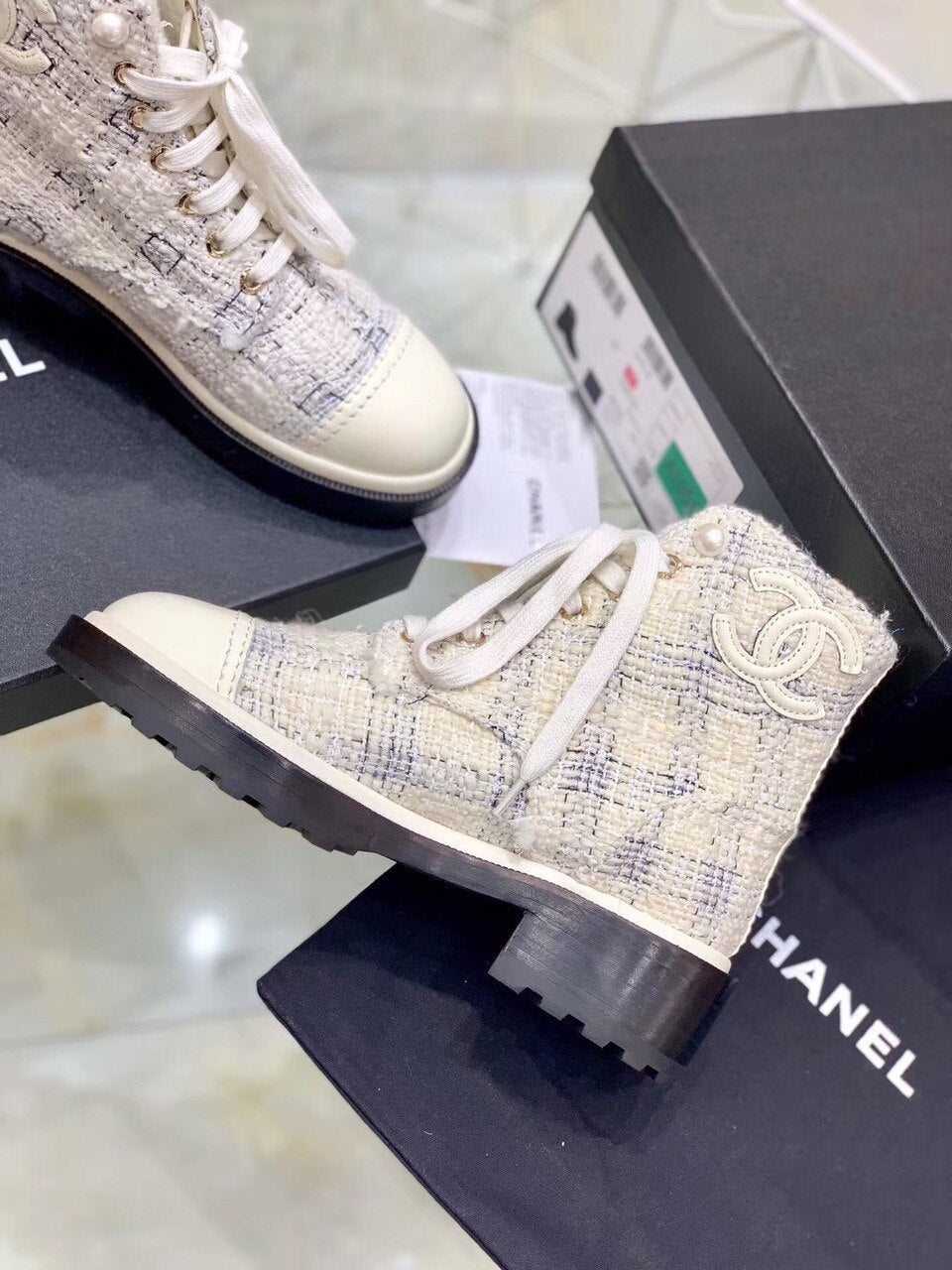 Chanel Pearl Embellished Tweed Ankle Boots Calfskin Leather Fall/Winter Collection White/Black