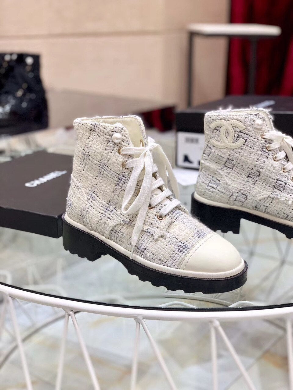 Chanel Pearl Embellished Tweed Ankle Boots Calfskin Leather Fall/Winter Collection White/Black