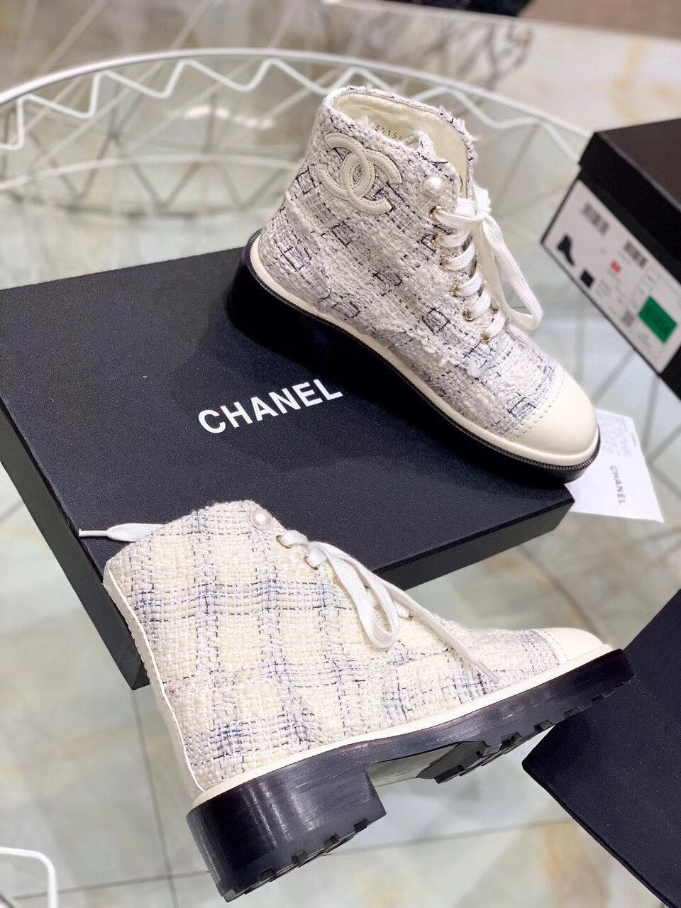 Chanel Pearl Embellished Tweed Ankle Boots Calfskin Leather Fall/Winter Collection White/Black
