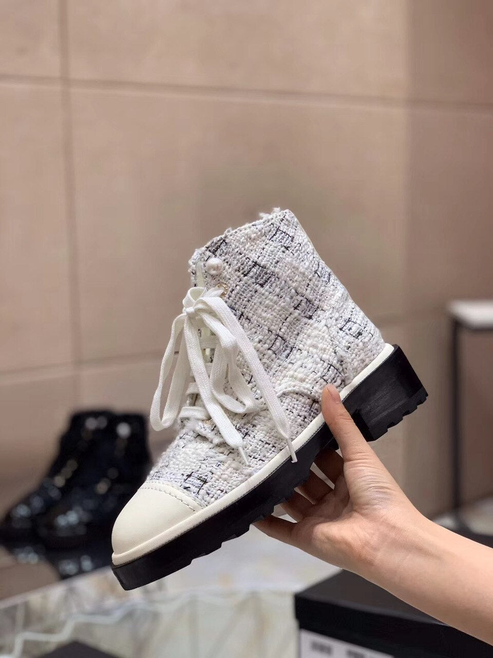 Chanel Pearl Embellished Tweed Ankle Boots Calfskin Leather Fall/Winter Collection White/Black