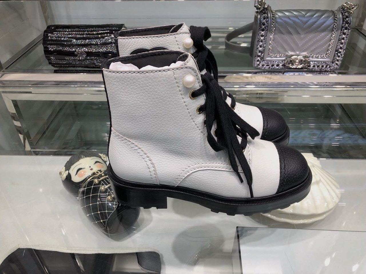 Chanel Pearl Embellished Ankle Boots Grained Calfskin Leather Fall/Winter Collection White/Black