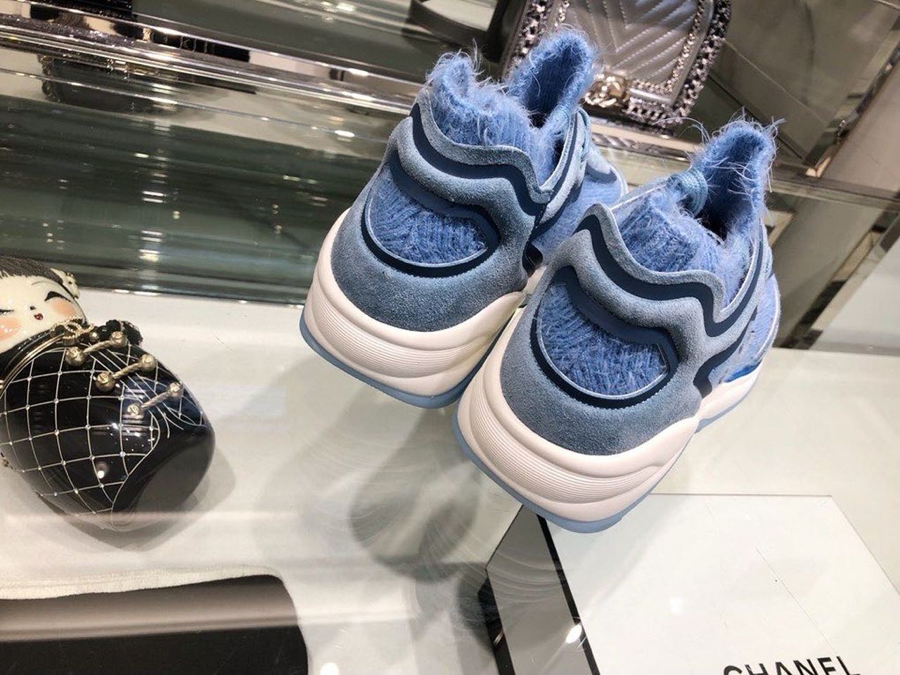 Chanel Knit Sneakers Calfskin Leather Fall/Winter Collection Light Blue