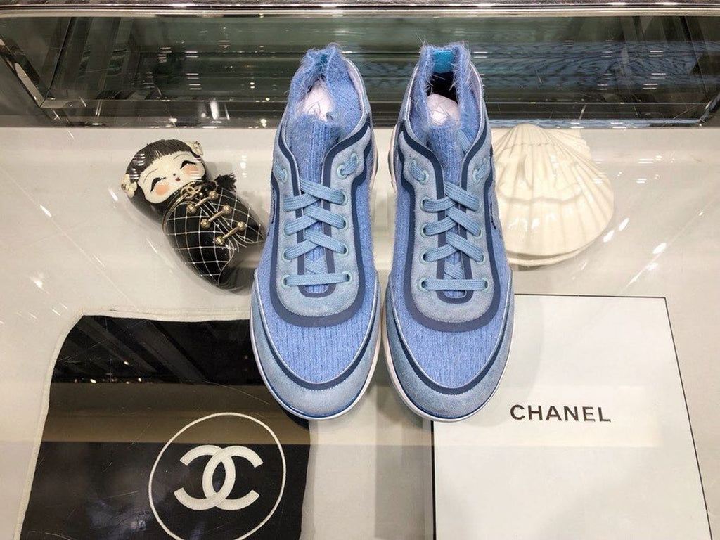 Chanel Knit Sneakers Calfskin Leather Fall/Winter Collection Light Blue