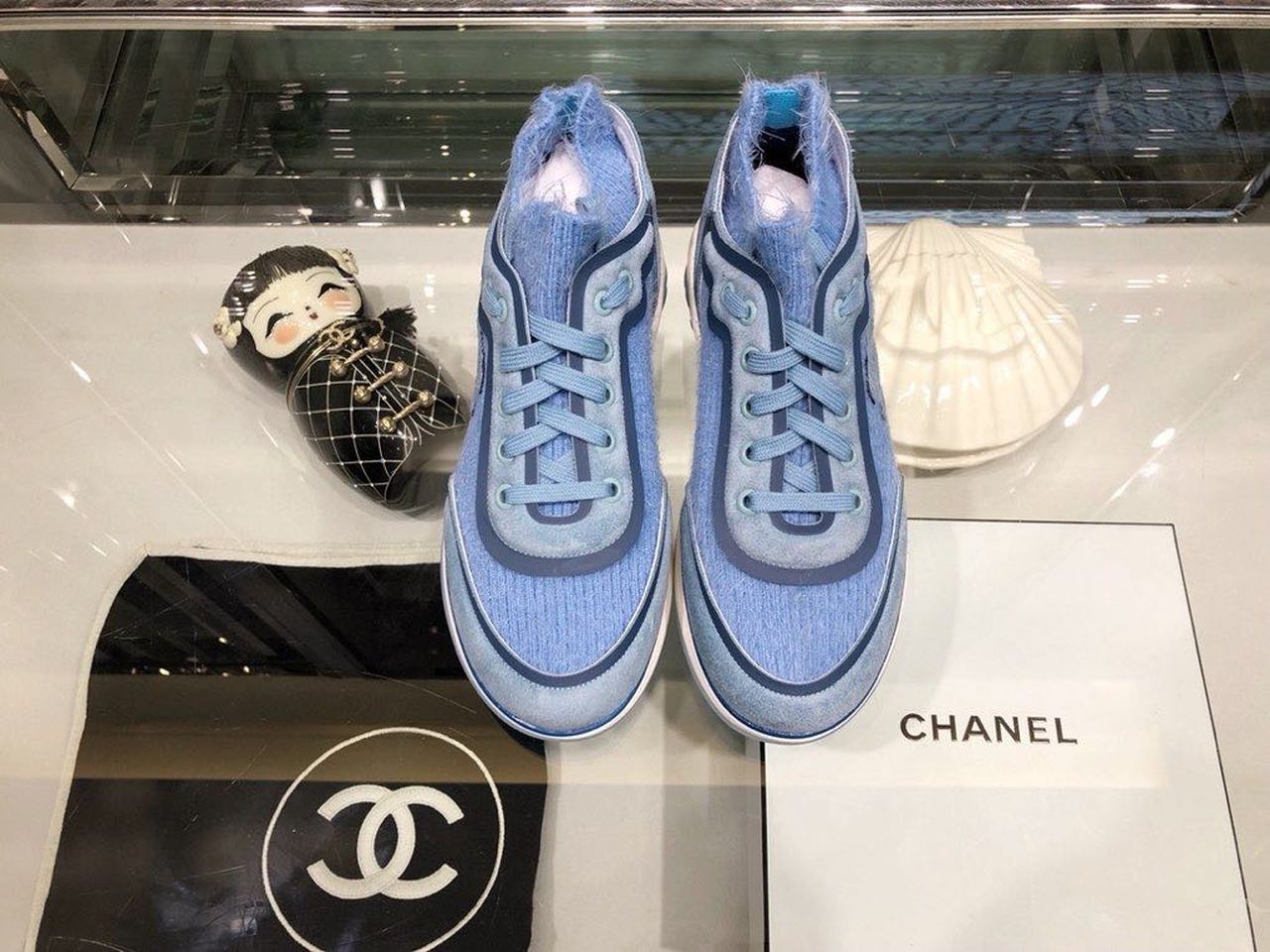 Chanel Knit Sneakers Calfskin Leather Fall/Winter Collection Light Blue