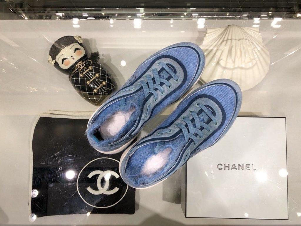 Chanel Knit Sneakers Calfskin Leather Fall/Winter Collection Light Blue