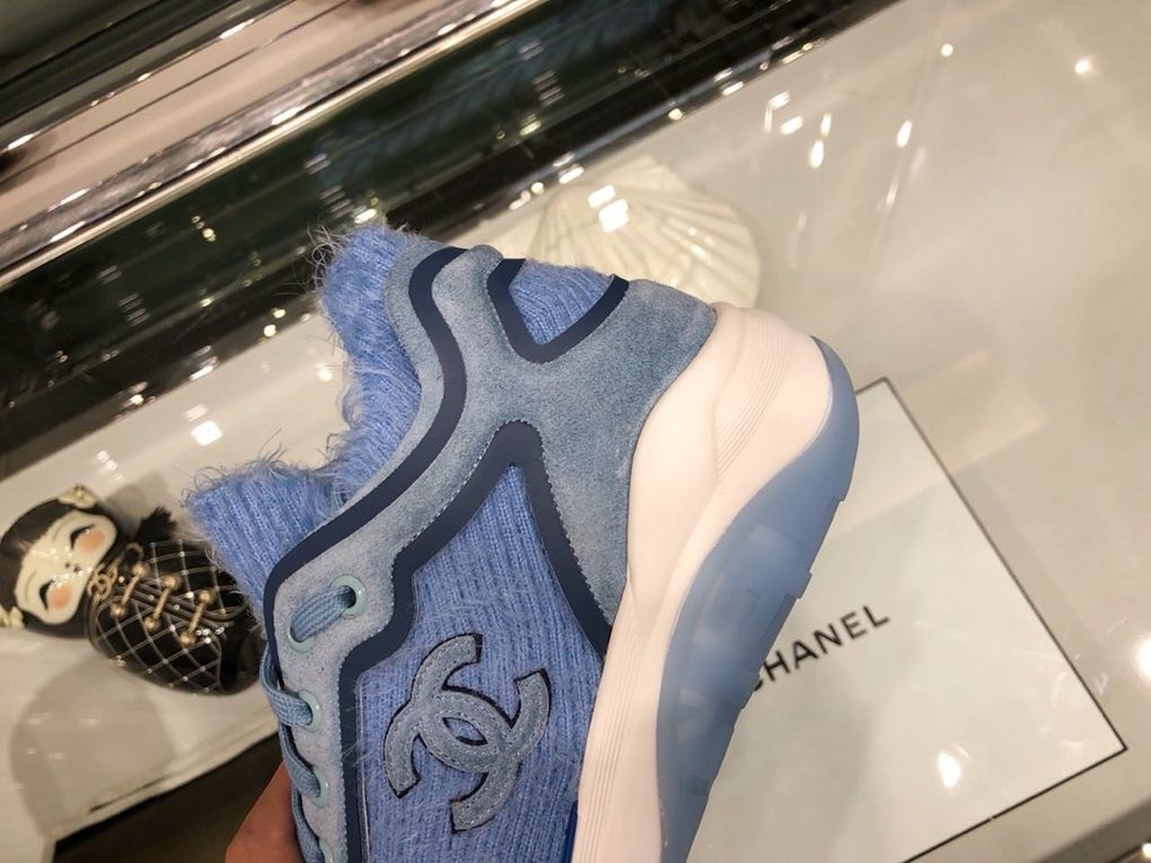 Chanel Knit Sneakers Calfskin Leather Fall/Winter Collection Light Blue
