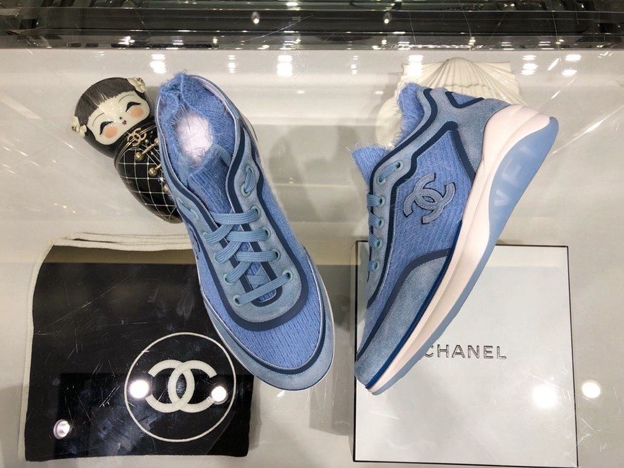 Chanel Knit Sneakers Calfskin Leather Fall/Winter Collection Light Blue