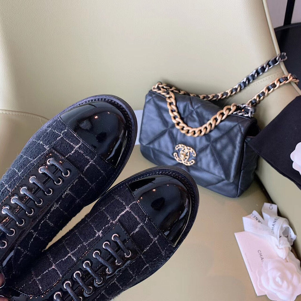 Chanel Tweed Lace Up Shoes Calfskin Leather Spring/Summer Collection Black
