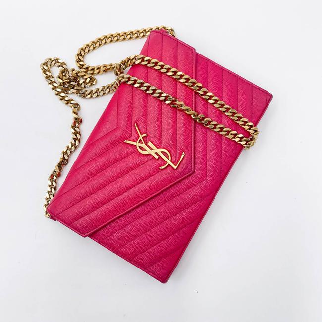 Saint Laurent Medium Wallet On A Chain Ghw Monogram Pink Leather Shoulder Bag
