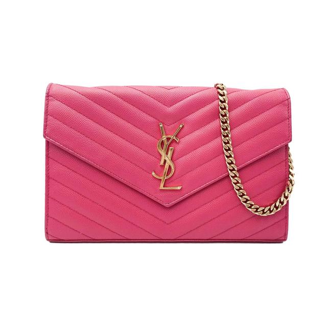 Saint Laurent Chain Wallet Grain De Poudre Matelasse Chevron Woc Lipstick Fuchsia Pink Leather Cross Body Bag