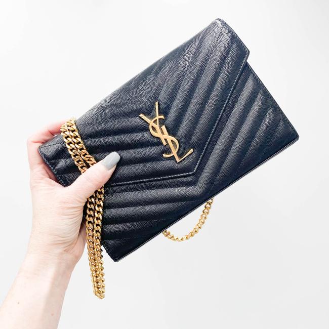 Saint Laurent Chain Wallet Grain De Poudre Matelasse Chevron Monogram Black Leather Shoulder Bag