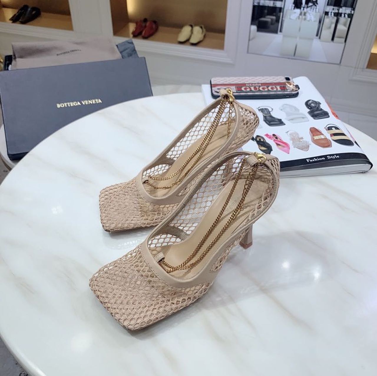 Bottega Veneta Mesh Chain Embellished Square Toe Sandals Lambskin Leather Fall/Winter 2019 Collection, Beige