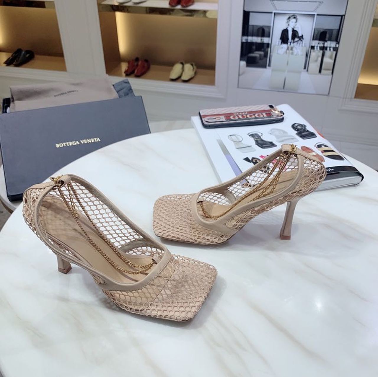 Bottega Veneta Mesh Chain Embellished Square Toe Sandals Lambskin Leather Fall/Winter 2019 Collection, Beige