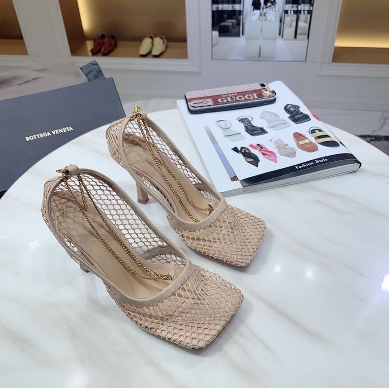 Bottega Veneta Mesh Chain Embellished Square Toe Sandals Lambskin Leather Fall/Winter 2019 Collection, Beige