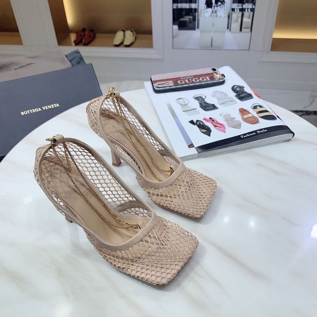 Bottega Veneta Mesh Chain Embellished Square Toe Sandals Lambskin Leather Fall/Winter 2019 Collection, Beige