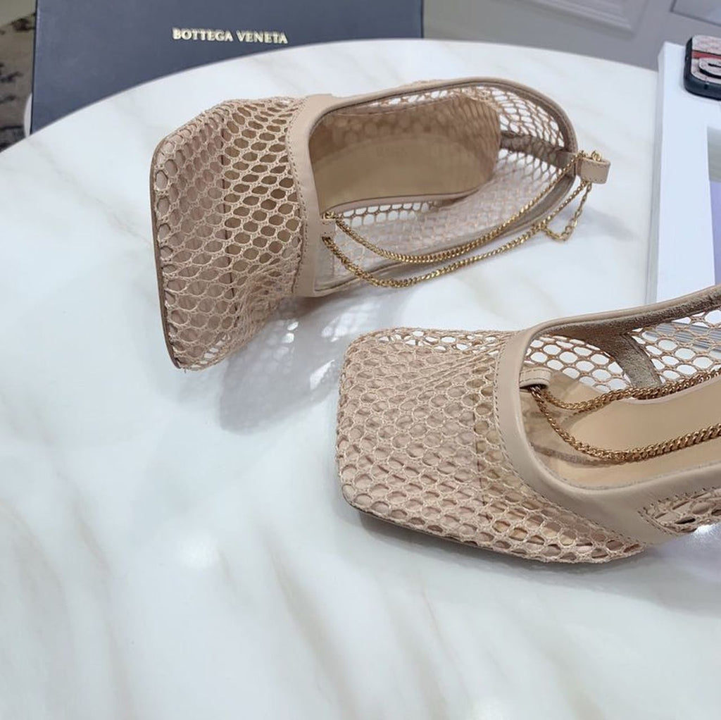 Bottega Veneta Mesh Chain Embellished Square Toe Sandals Lambskin Leather Fall/Winter 2019 Collection, Beige